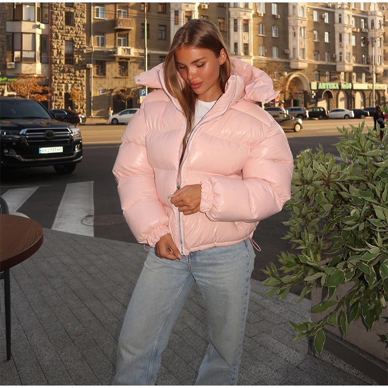 Fashion Glossy Padded Jacket Women's Solid Turtleneck Long Sleeve Warm Down Coat 2025 Autumn Winter New Lady Casual Outerwear