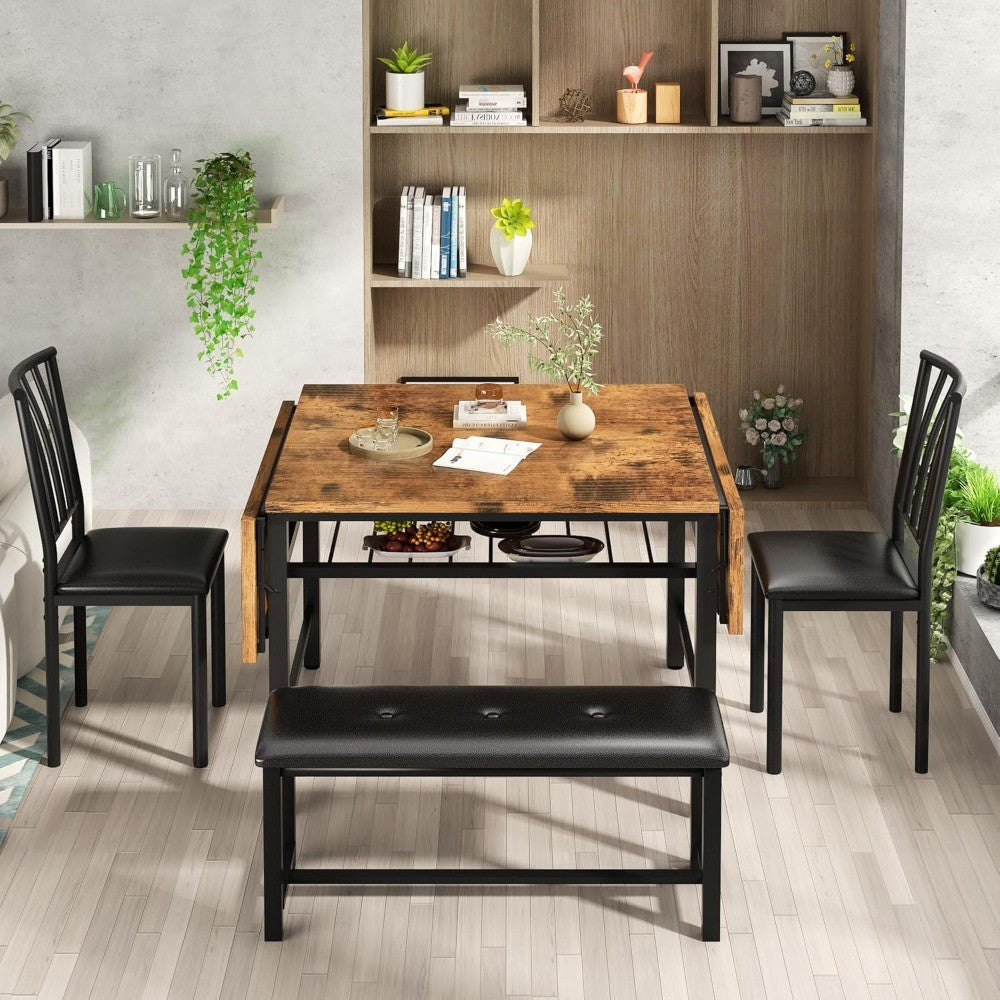 4-Piece Faux Wood Drop Leaf Dining Table with Storage Rack, Space Saving Breakfast Nook Table Set with 2 Backrest Chairs