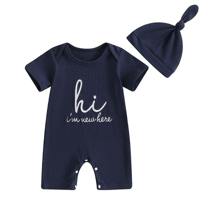 Macacões Carta Impressão Gola Redonda Manga Curta Bebê Menino Roupas de Verão Bodysuits Macacões com Chapéu
