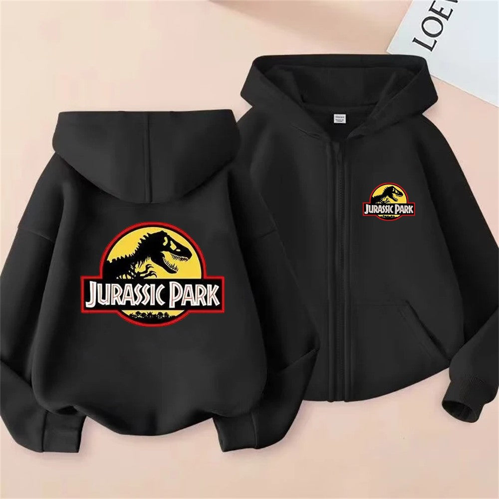 Jurassic Park dinosaur boy black Girls Hoodie tops Suitable age 3-12 Children's Sweatshirt coat Autumn Zipper style Clothing