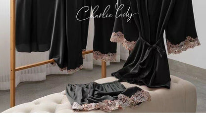 Women's Ice Silk Nightgown Set - Spring/Fall Long-Sleeve Robe Sexy Pure Desire Style with Padded Strapless Nightdress and Pants