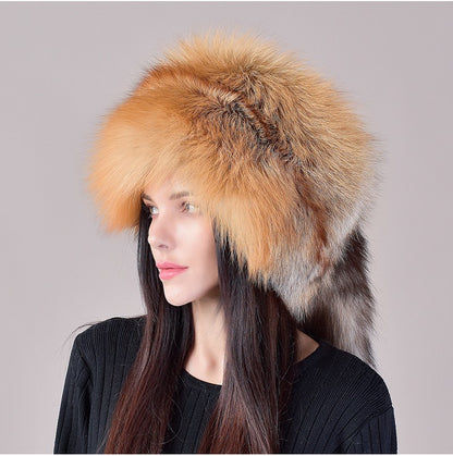 2025 Novo Estilo Chapéu Russo Ushanka de Pele de Raposa Natural Feminino Quente de Inverno Estilo Popular Fofo Boné Feminino com Cauda de Pele Real da Moda