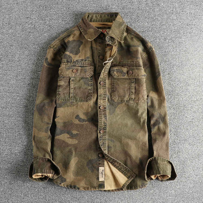 2024 Autumn and Winter New American Retro Woven Camouflage Cargo Shirt Men's 100% Cotton Washed Old Double Pockets Thin Jacket