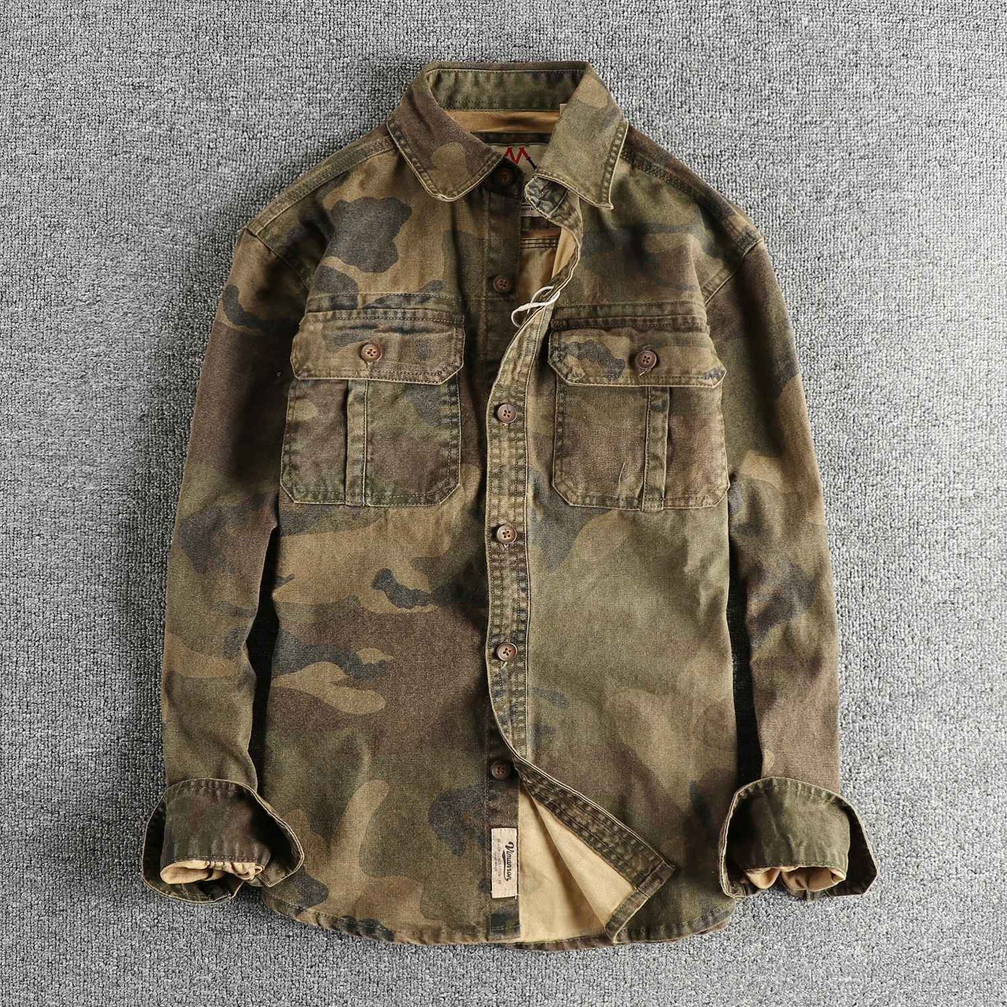 2024 Autumn and Winter New American Retro Woven Camouflage Cargo Shirt Men's 100% Cotton Washed Old Double Pockets Thin Jacket