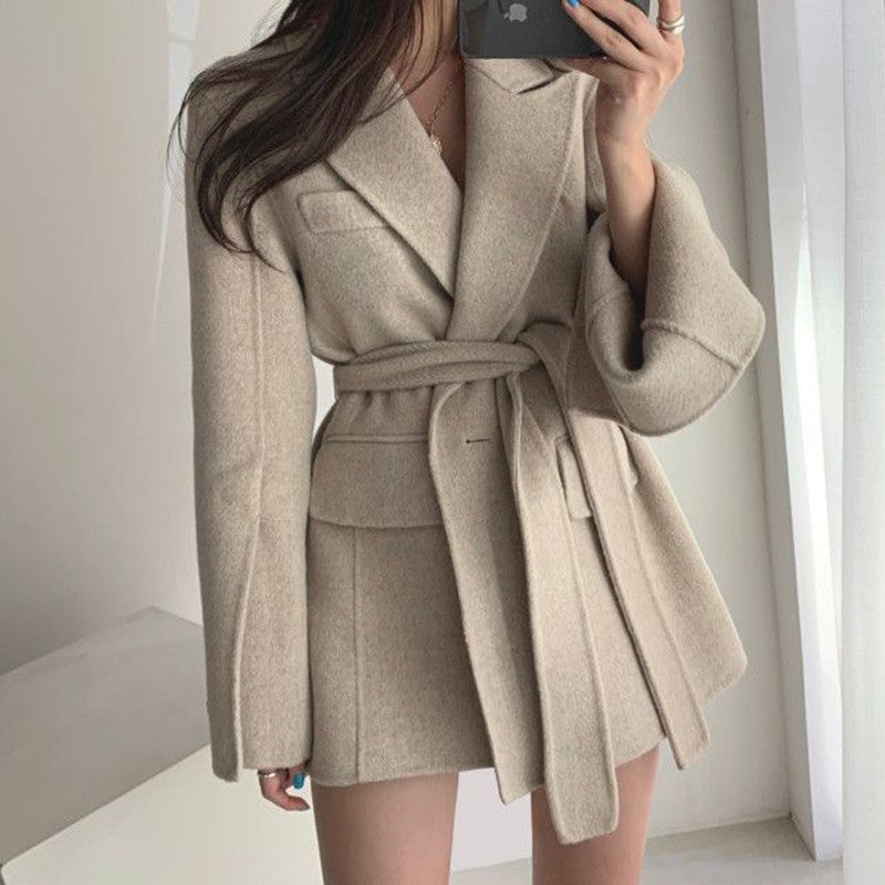 Retro Chic Autumn Winter Woolen Coat One Button Long Sve Suit Collar Waist Cinched Side Slit Warm Knitwear for Women