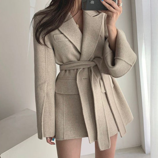 Retro Chic Autumn Winter Woolen Coat One Button Long Sve Suit Collar Waist Cinched Side Slit Warm Knitwear for Women