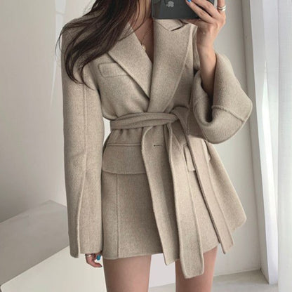Retro Chic Autumn Winter Woolen Coat One Button Long Sve Suit Collar Waist Cinched Side Slit Warm Knitwear for Women