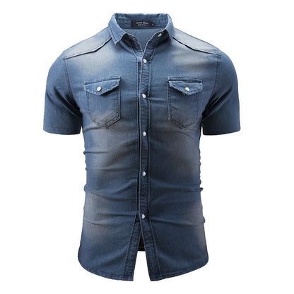 New Men's Fashion Short Sleeve Denim Shirt Soft Solid Color Slim Fit Cowboy Top for Men
