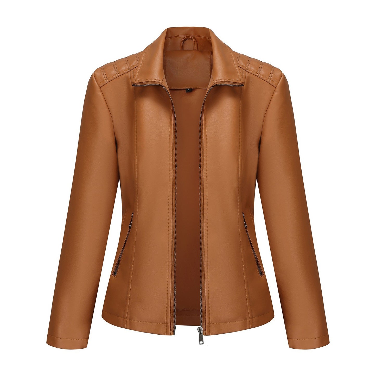 2025 Women’s Stylish Brown Faux Leather Jacket - Slim Fit, Trendy Moto Style with Zipper Detail PU Coat.