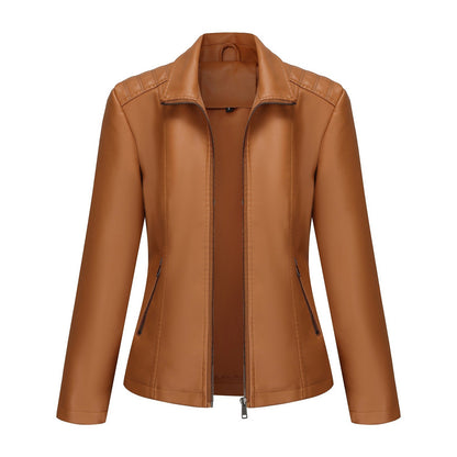 2025 Women’s Stylish Brown Faux Leather Jacket - Slim Fit, Trendy Moto Style with Zipper Detail PU Coat.