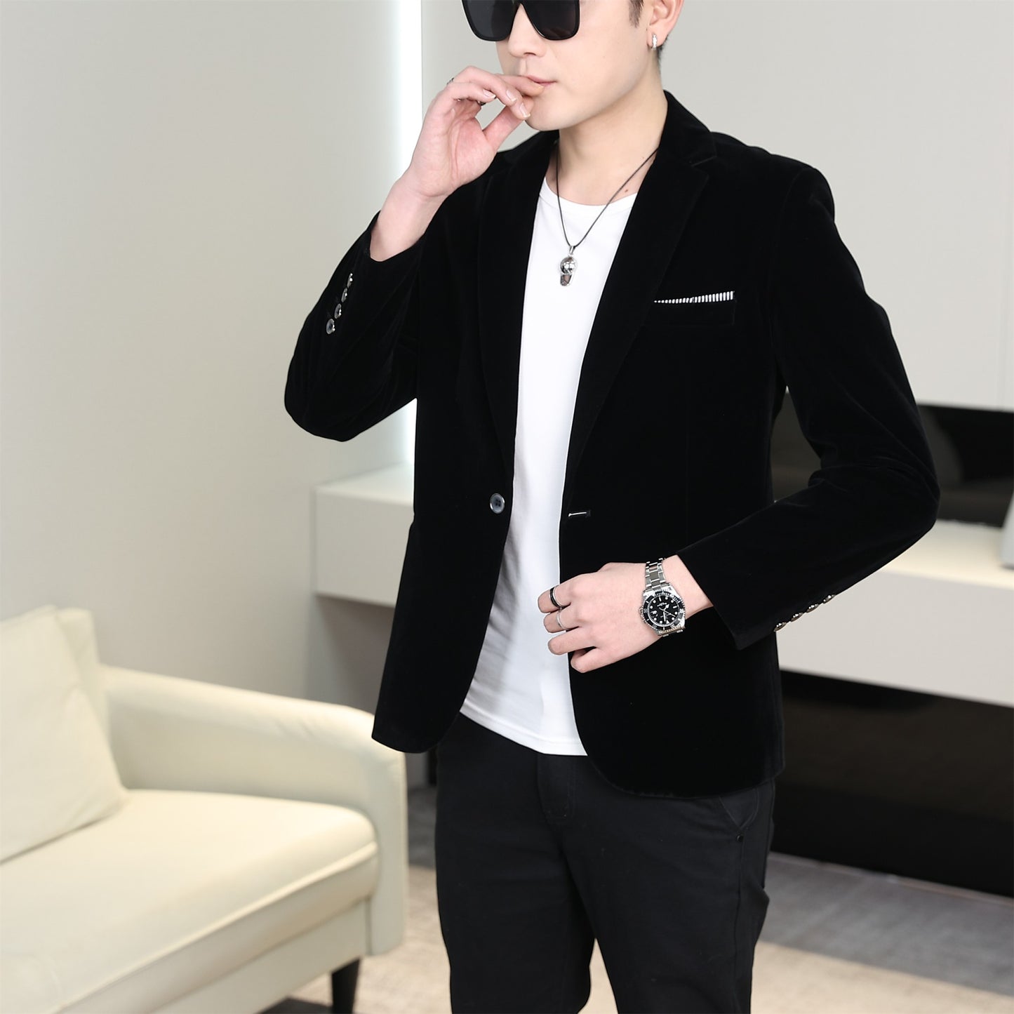 Gold Velvet Suit Men's Trendyy Performance Suit Spring & Fall All Year Round Slim Thin Youth Dress Groomsmen Groom's Dress Wedding Party Suit