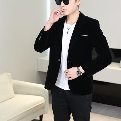 Gold Velvet Suit Men's Trendyy Performance Suit Spring & Fall All Year Round Slim Thin Youth Dress Groomsmen Groom's Dress Wedding Party Suit