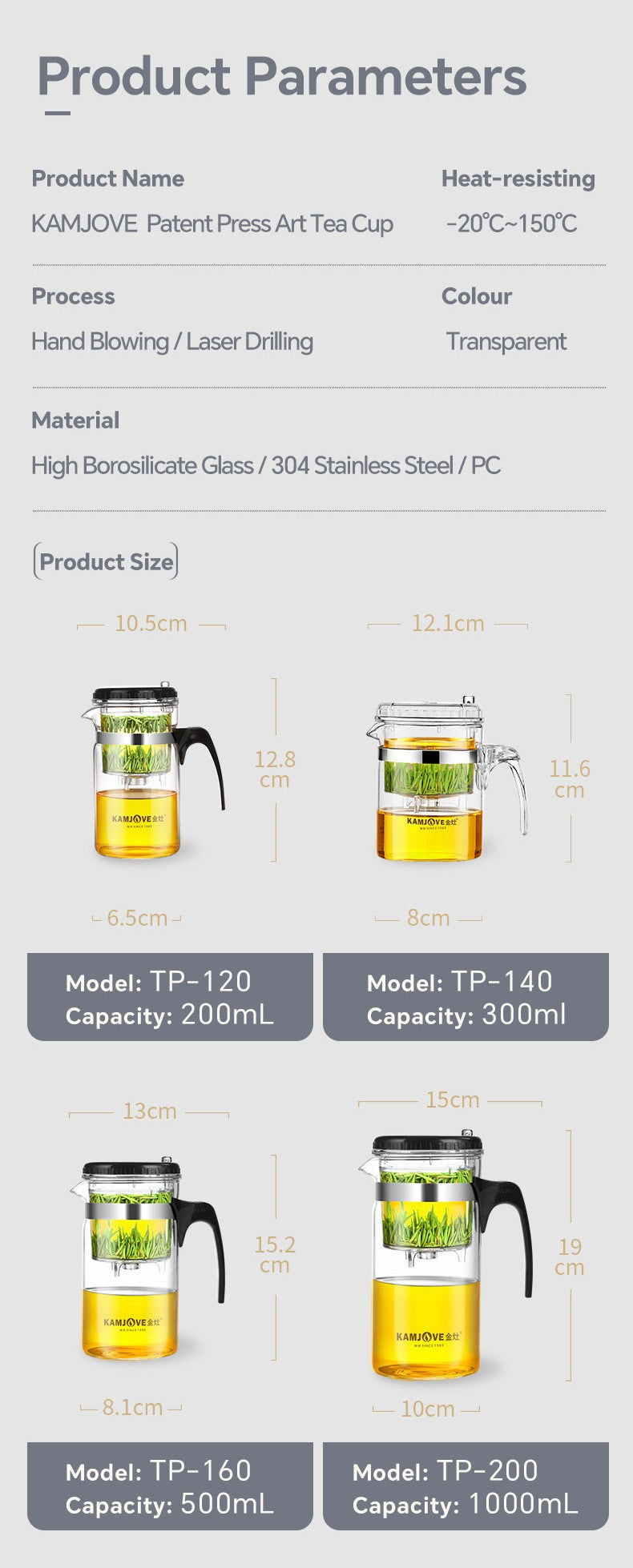 KAMJOVE Tea Pot for Infusions One-touch Tea Filtering Heat-resistant Glass Tea Cup 200/300/500/1000/1200ML Tea Brewing Kettle