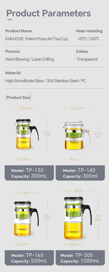 KAMJOVE Tea Pot for Infusions One-touch Tea Filtering Heat-resistant Glass Tea Cup 200/300/500/1000/1200ML Tea Brewing Kettle