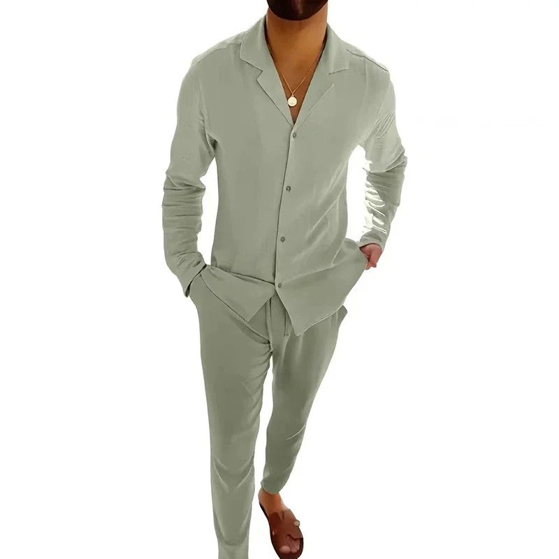 All Match Men's Tracksuit Fashion Solid 2024 Two Piece Slim Suit Autumn New Long Sleeve Button Shirts Top&Drawstring Pants Set