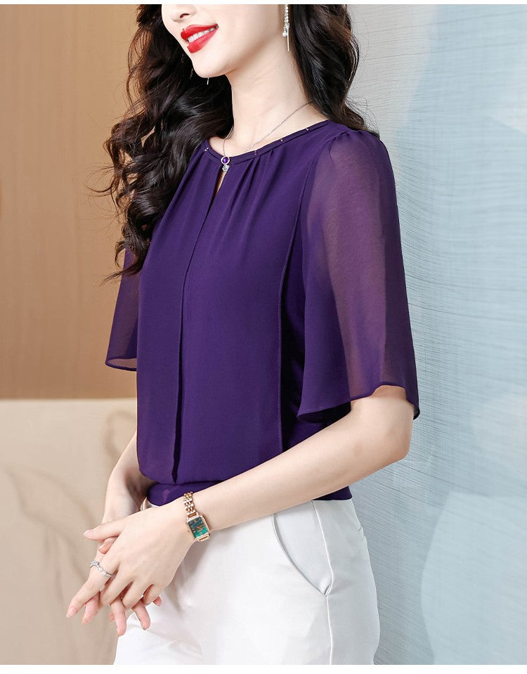 Summer Clothing Half Sleeve Chiffon Blouse 2025 New Fashion Loose Women Tops Solid Color Casual Pullovers Shirt