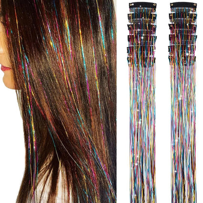 Pacote de 12 Unidades de Cabelo Extensor com Presilha, Tinsel Colorido com Brilho, Extensões de Cabelo de Fada, Acessório Cintilante para Festa de Mulheres, Meninas e Crianças