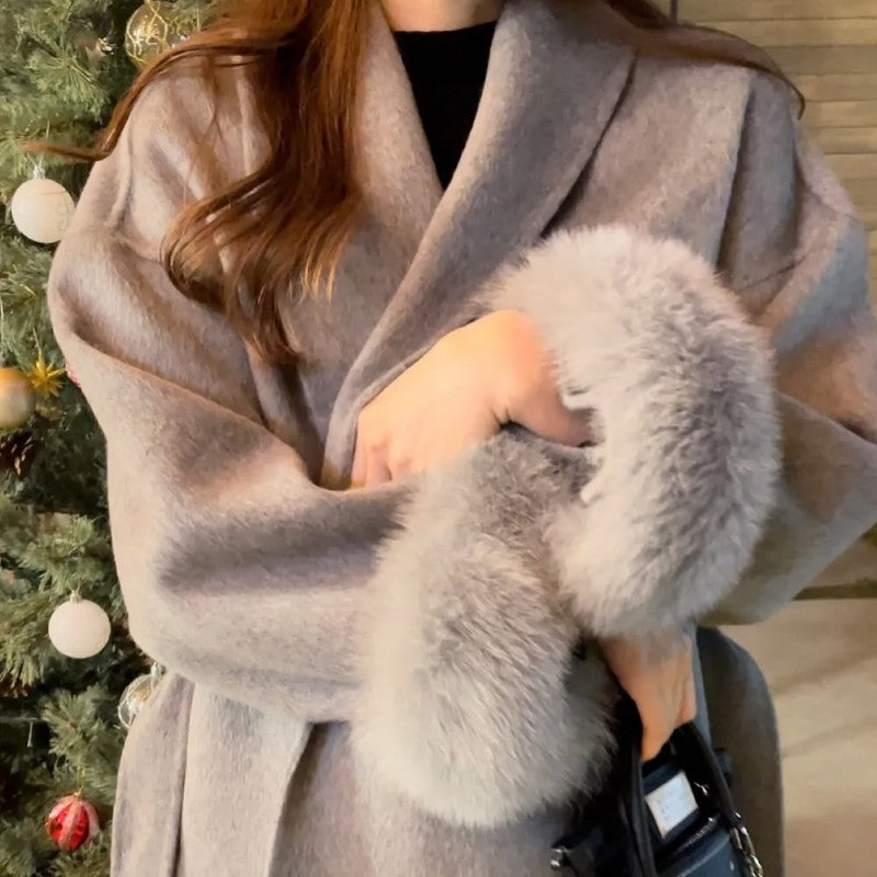 Solid Lace Up Faux Fur Sleeve Jacket Woman Elegant Mid-length V-neck Woolen Blend Coat Autumn Casual Fashion Scarf Outwear 2025