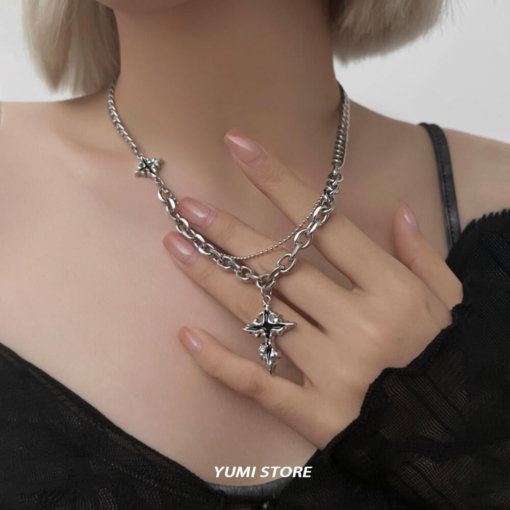 Colar Cruz Chamas Pretas Punk Masculino Feminino Tendência Aço Titânio Corrente Suéter Pingente Joias Hip Hop Acessórios Kpop Irados
