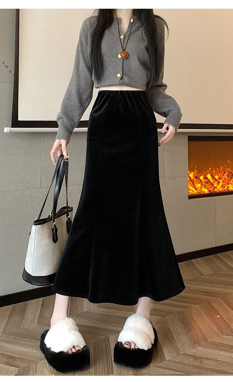 Elastic Velvet Long Black Skirts Women 2025 Casual Korean Fashion Y2k Clothes Mid Length Elegant High Waist Harajuku Maxi Skirt
