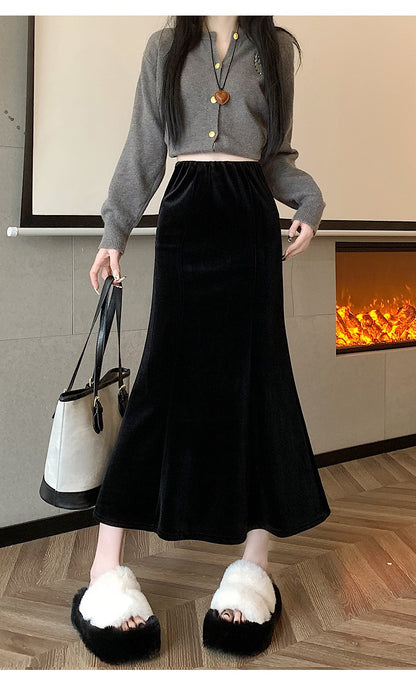Elastic Velvet Long Black Skirts Women 2025 Casual Korean Fashion Y2k Clothes Mid Length Elegant High Waist Harajuku Maxi Skirt