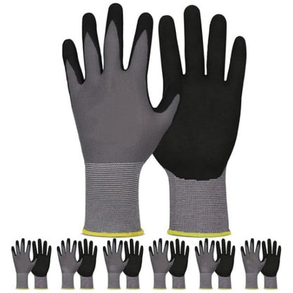 6 Pares de Luvas de Segurança para Trabalho Revestidas com Nitrilo, Luvas Tricotadas Sem Costura 15G com Aderência de Microespuma para Homens, Construção, Indústria, Pintura