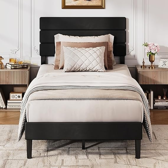 Base de Cama Estofada Solteiro, Cabeceira Acolchoada em Veludo, Estrutura Robusta de Metal e Madeira, Não Requer Box Spring,
