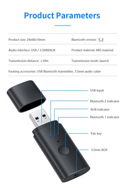 Adaptador Transmissor de Áudio Sem Fio Divisor Bluetooth Para 2 Fones de Ouvido Funcionando Juntos, 2 Fones de Ouvido Sem Fio Tocando Juntos