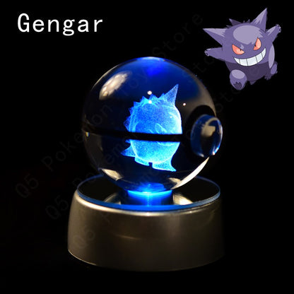 Pokemon Crystal Ball 3D Pikachu Mewtwo Mew Gengar Night Light Lamp Base Pokeball Crystal Pokemon Glass Ball Figure Presente de Aniversário