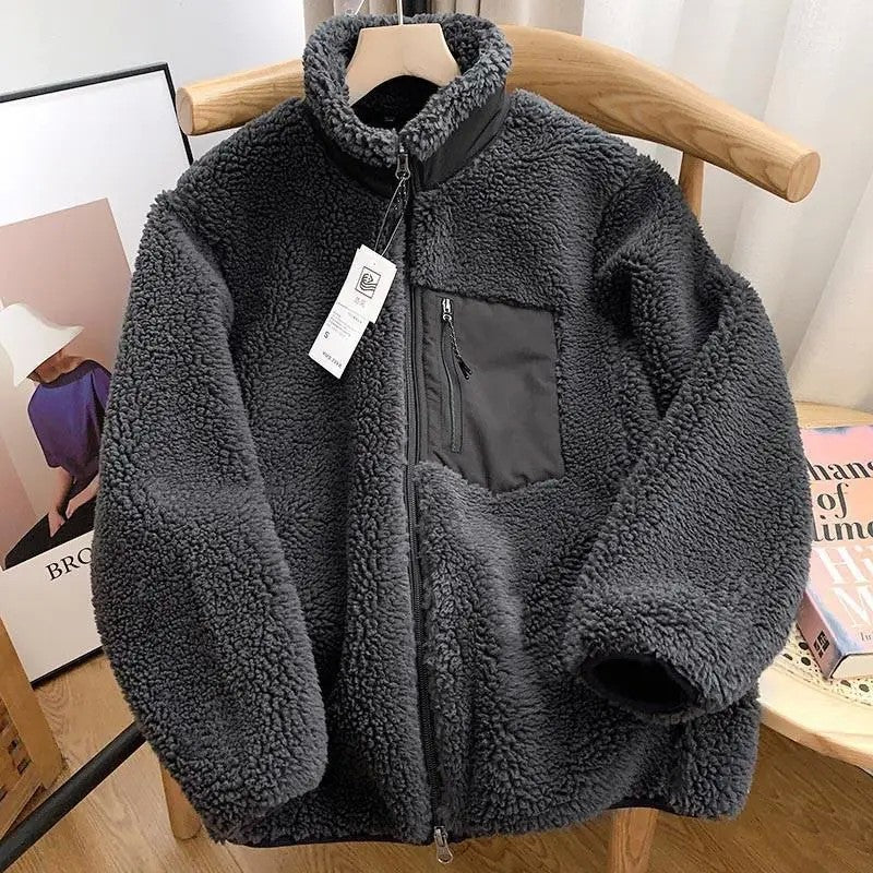 Autumn and Winter Japanese Men's and Women's Fleece Stand Neck Jacket Couple Zipper Loose Warm Lamb Wool Coat Solid Color Jacket