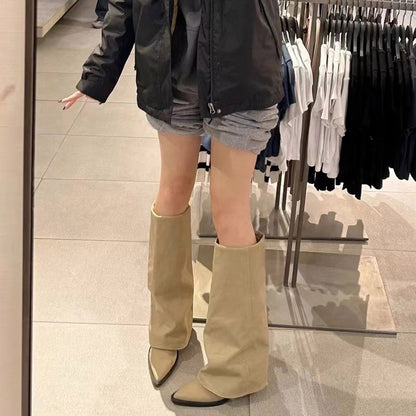 Women Pointed Toe High Boots Fashion Sexy Mid Heels Shoes Woman Chunky Trend Chelsea Boots Pumps Elegant Mujer Snow Goth Botas