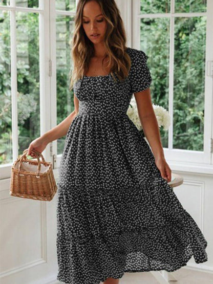 Vestidos Vintage Vintage Print Puff Sleeve summer Beach sweet dresses Casual Squ