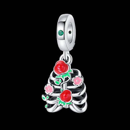 Heart & Organ Charm 925 Sterling Silver Red Rose Skull Dangle Pendant Dark Aesthetic Fit Bangle Bracelet Necklace DIY Jewelry