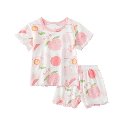 2Pcs 2025 Summer Kids Leopard Print Home Clothes Set Girls' Ice Silk Pajama Sets Baby Short Sleeve Shorts Tops Women' Loungewear