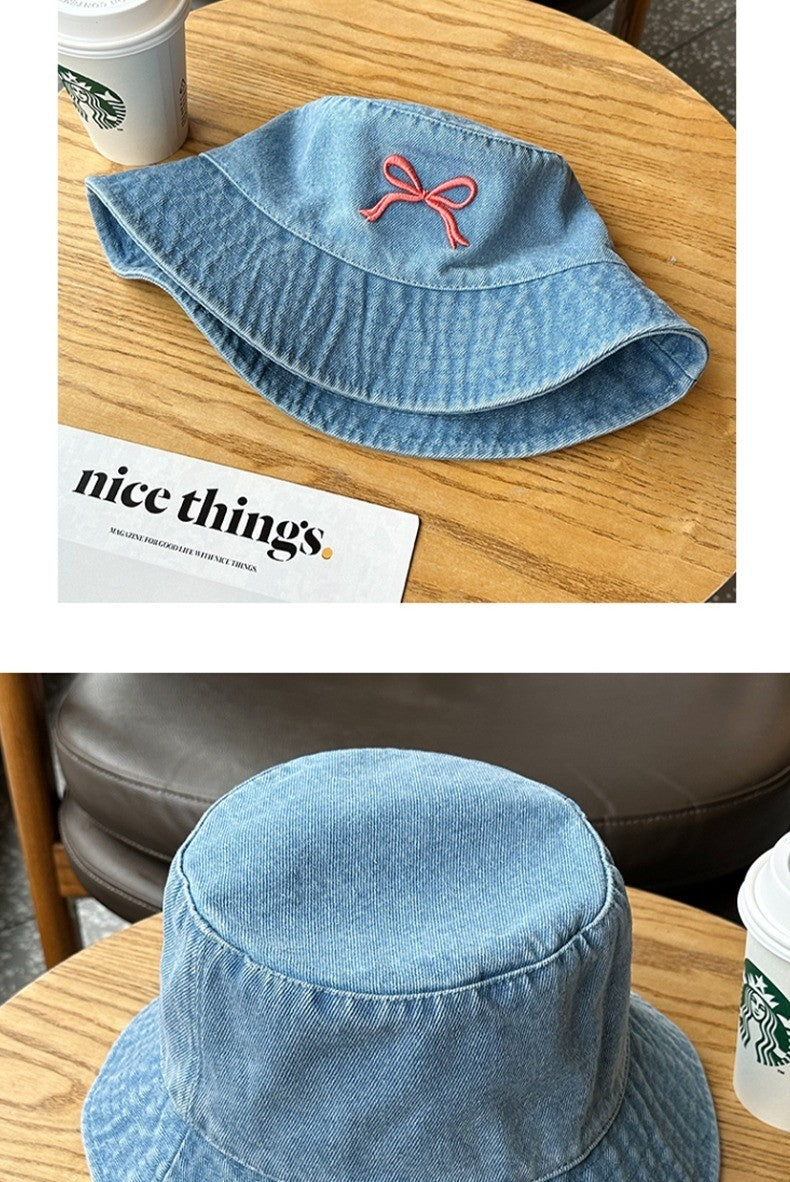 A Fisherman's Hat Three-Dimensional Embroidery Bow Travel Shopping Washed Denim Basin Hat