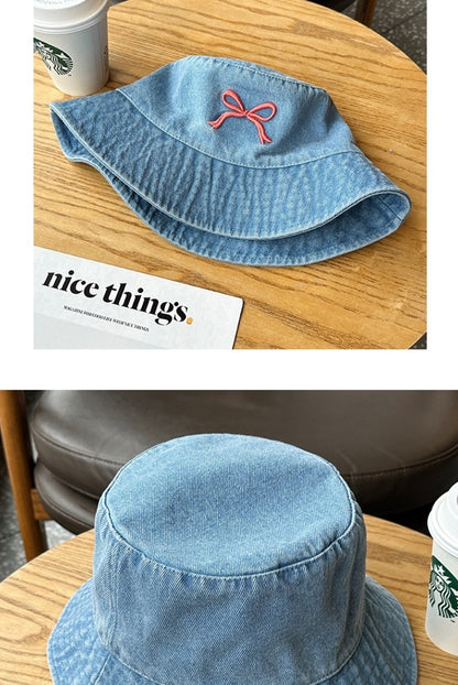 A Fisherman's Hat Three-Dimensional Embroidery Bow Travel Shopping Washed Denim Basin Hat