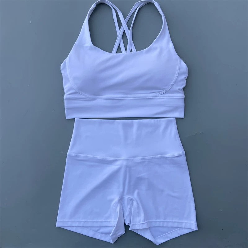 Solid Color gym bike Yoga Set short Legging +cross sport bra Tracksuit  Athletic Women Gym Suit Comprehensive Training Jogging