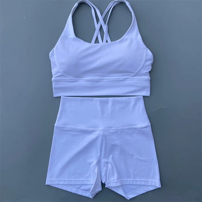 Solid Color gym bike Yoga Set short Legging +cross sport bra Tracksuit  Athletic Women Gym Suit Comprehensive Training Jogging