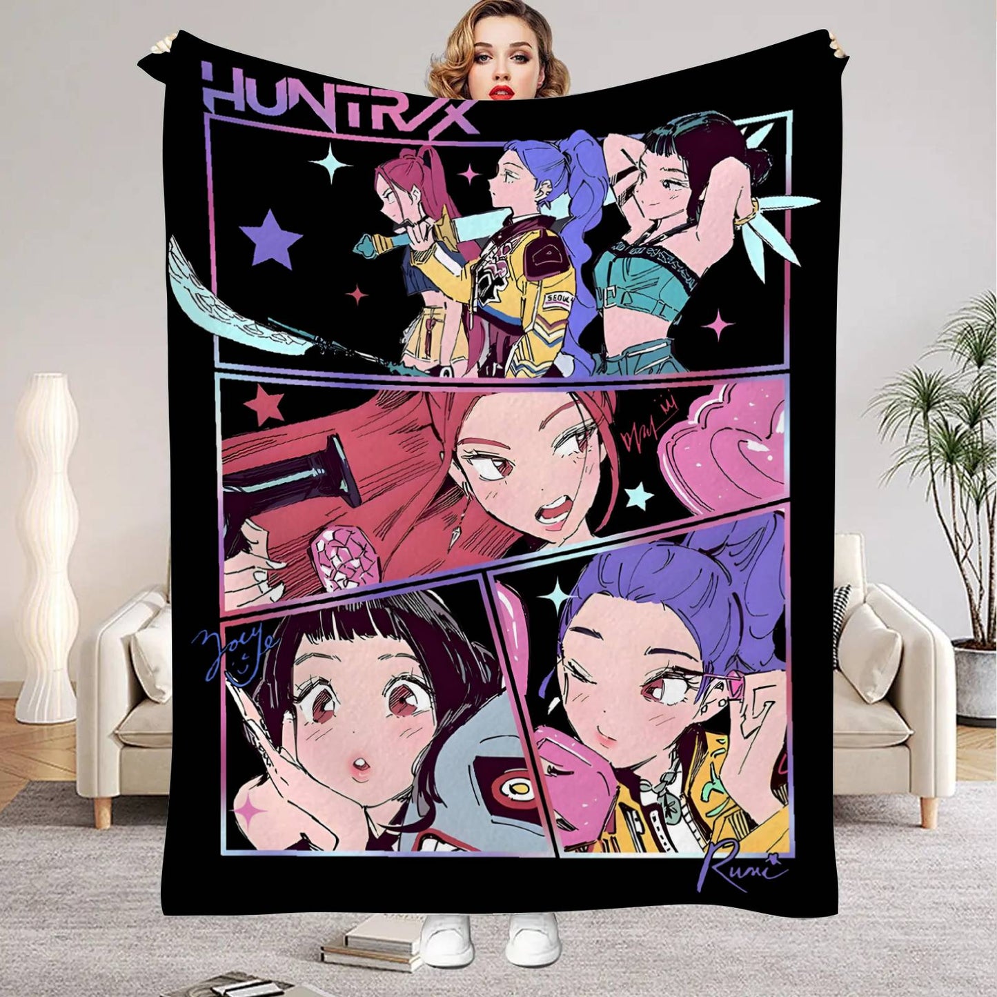 Huntrix Blankets K pop Demon Hunters Zoey Rumi Mira Soft Warm Throw Blanket Winter Kids Couch Bed Fluffy Bedspread