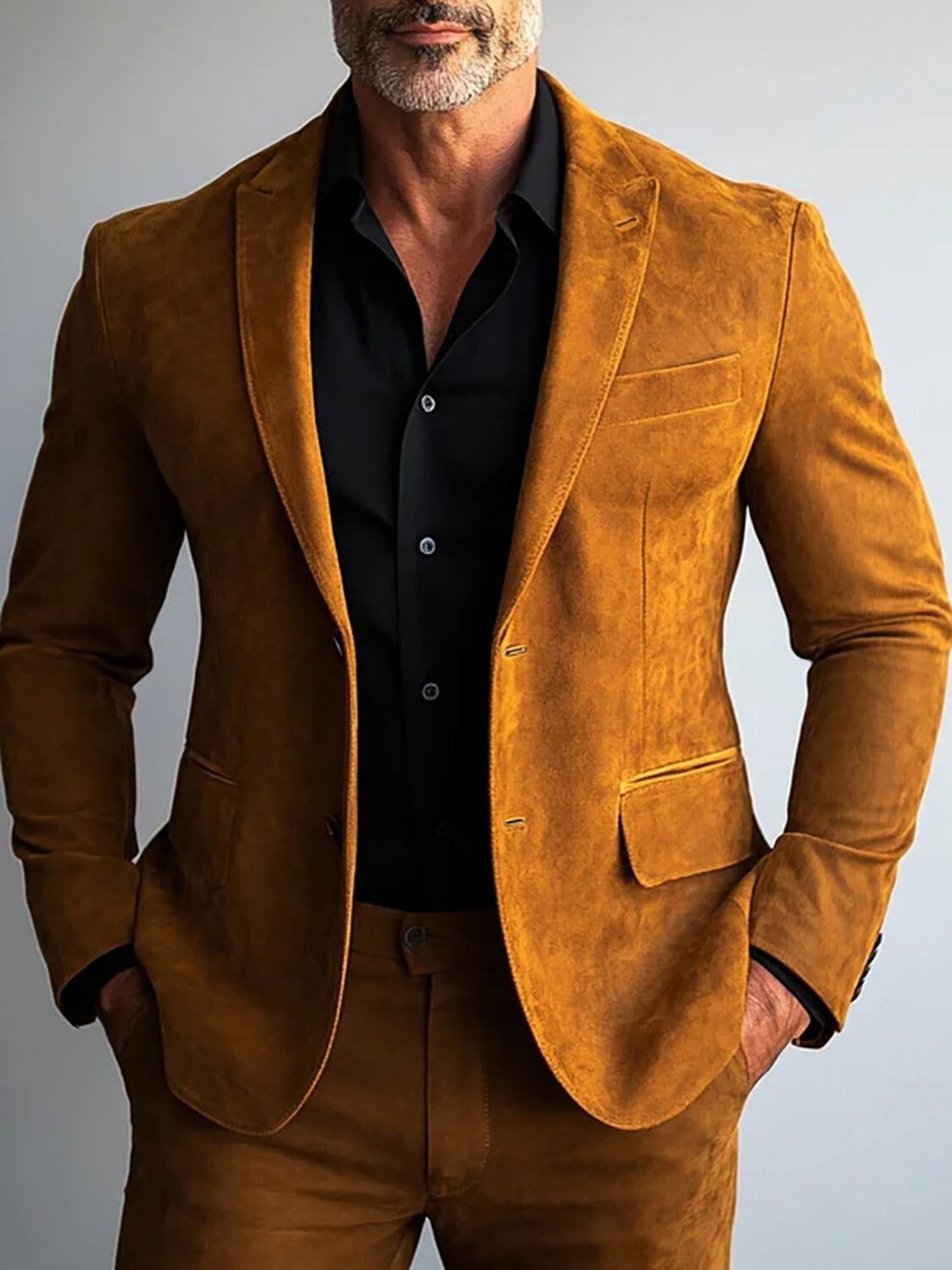 Men Suede Leather Suit Blazer Khaki Formal Single-Breasted Long Sleeve Lapel Multiple Pocket Business Office Party Blazer Jacket