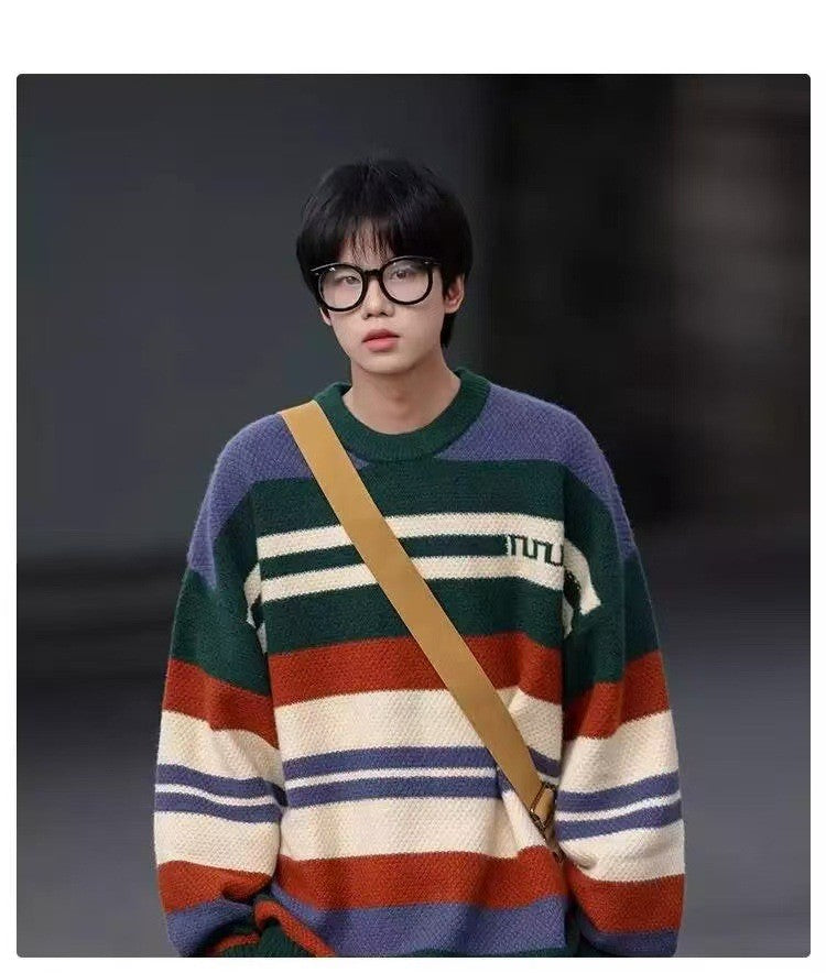 Simple Versatile Trendy Men's Crew Neck Sweater Contrasting Stripes Casual Loose Neutral Style Pullover