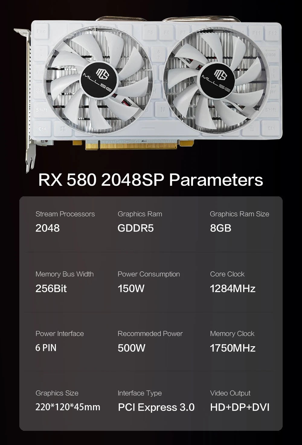 Placa de vídeo MLLSE AMD Radeon RX 580 8GB 2048SP branca GDDR5 DP HDMI DVI