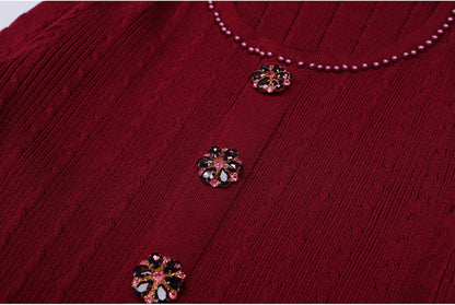 High Quality Spring And Autumn New Fashion Knitted Heavy Industry Pearl Slim Fit And Slimming Round Neck Long Sleeved Dress