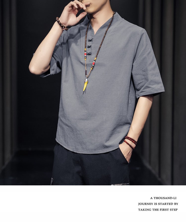 2023 Men Summer Cotton Linen Tang Shirt Men Chinese Style Button Short-Sleeved Shirts Male Blouse Vintage Kung Fu Hawaiian Shirt