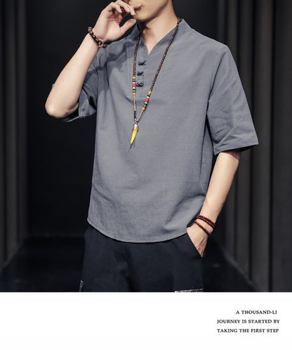 2023 Men Summer Cotton Linen Tang Shirt Men Chinese Style Button Short-Sleeved Shirts Male Blouse Vintage Kung Fu Hawaiian Shirt