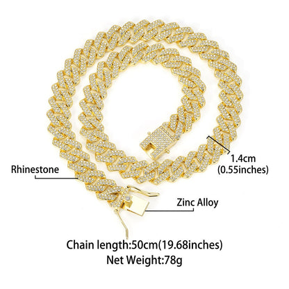 Moda Hip Hop Quadrado 14MM Corrente Cubana Colar Masculino Cor Dourada Feminino Strass Cravejado Corrente Cubana Joias Punk Presente