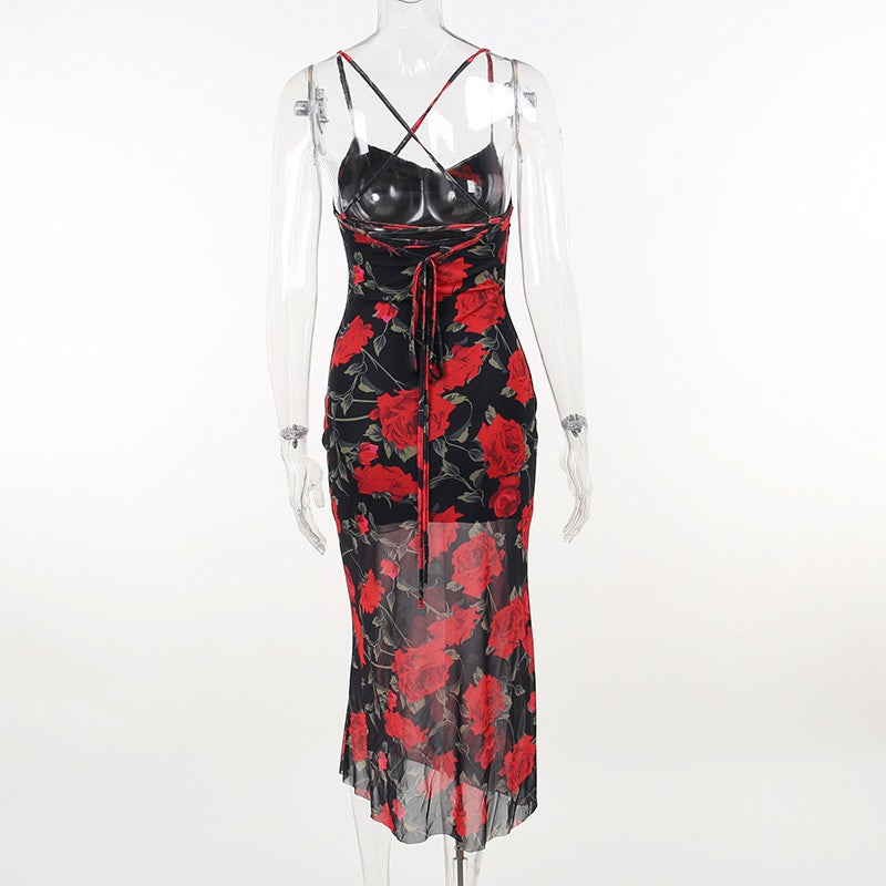 Flowers Print Spaghetti Strap Dresses Women Temperament Package Hip Bodycon Long