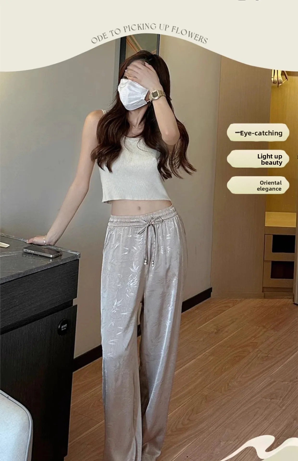 Plus Size Acetate Wide Leg Pants Women's Spring Autumn National Style Print High Waist Slimming Drapey Cool Large Size Women'...