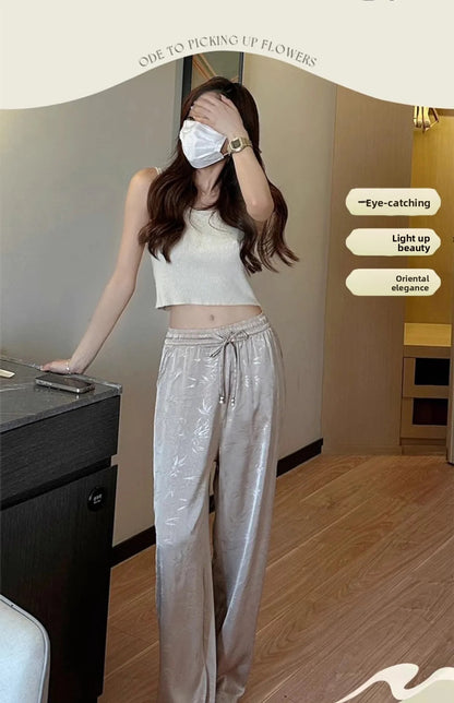 Plus Size Acetate Wide Leg Pants Women's Spring Autumn National Style Print High Waist Slimming Drapey Cool Large Size Women'...