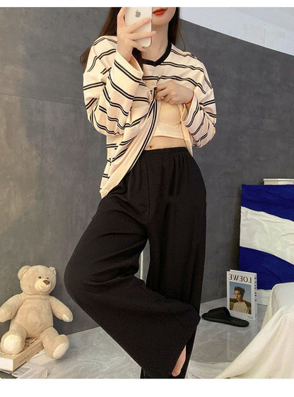 Women's Fall Pajamas with Chest Pads Striped Long Sleeve Plus Size O-Neck Simple Casual Fashion Korean School Pajamas Homewear